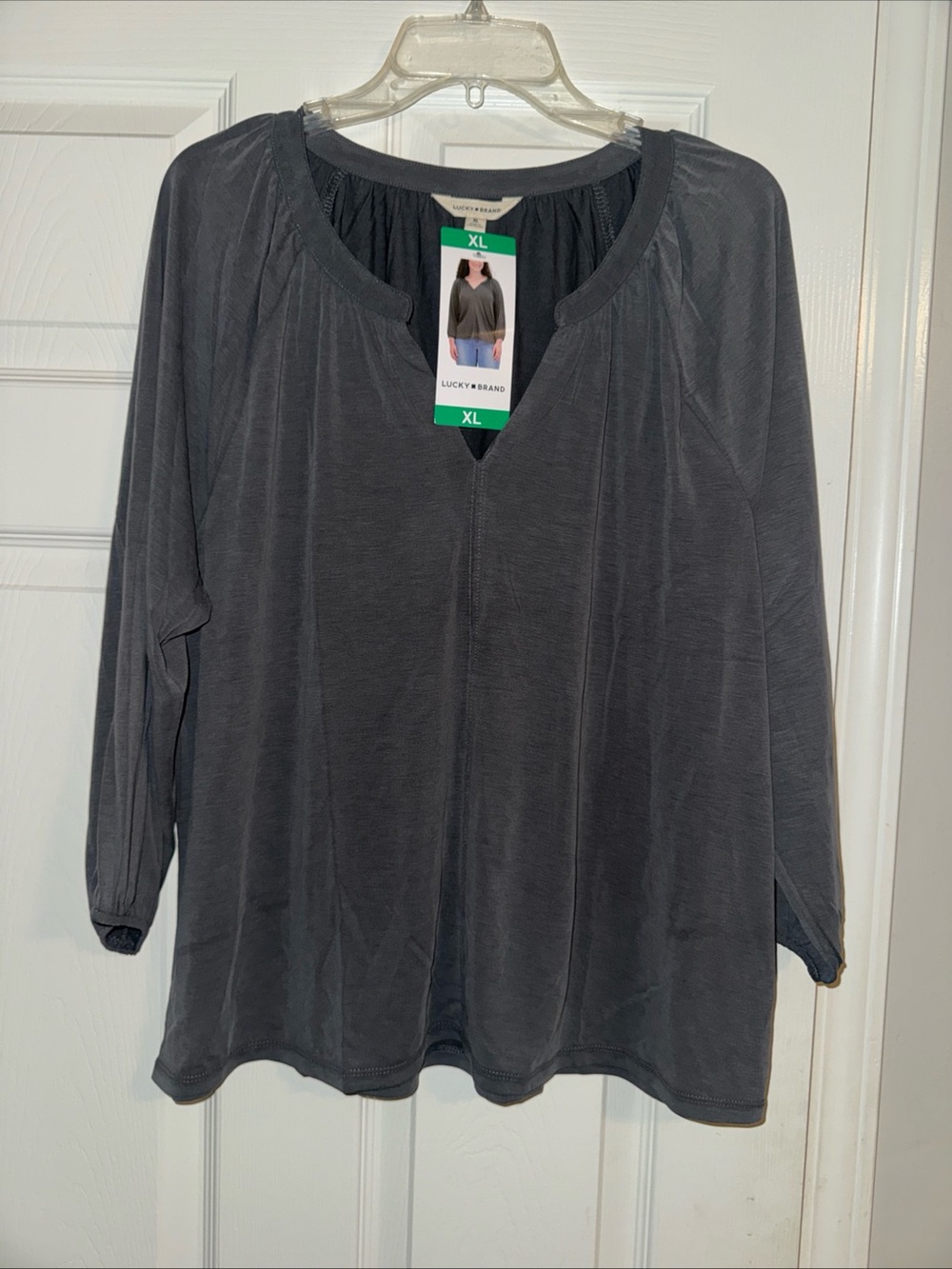 Lucky Brand Charcoal Gray Long Sleeve V-Neck Peasant Top